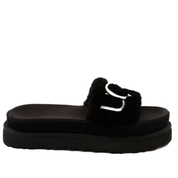 New Ugg Black Laton Fur Slide Sandals Platform Women's Slip On Shoe Black NIB - Picture 4 of 7